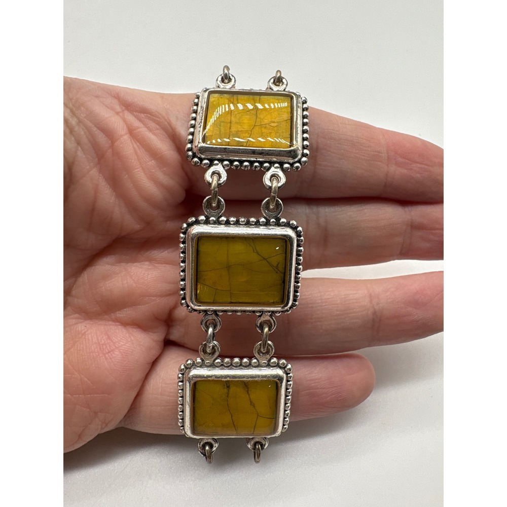 Yellow Ammolite Style Rectangle Link Bracelet Silver Tone Beaded Toggle 8 Inch